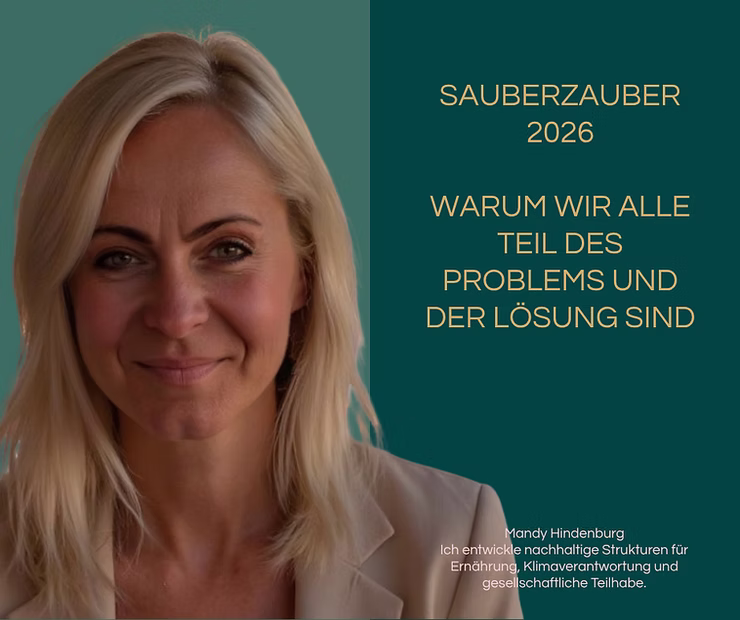 Grafik mit dem Titel „SauberZauber 2026" zum Blogbeitrag von Mandy Hindenburg über wilden Müll, Ehrenamt und Verursacherfinanzierung in Essen