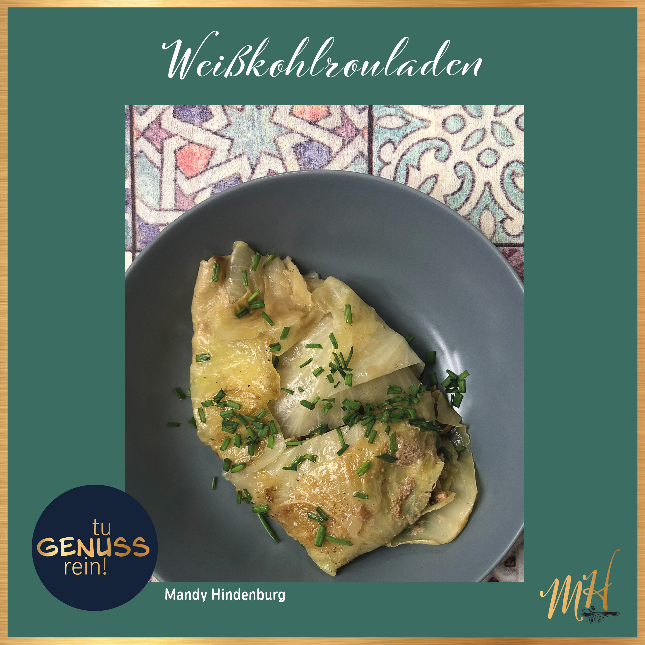Rezeptkarte Weißkohlrouladen mit Rettich mit goldenem Rahmen, Zutatenliste und Zubereitungsschritten, aus dem Kochbuch OnTop